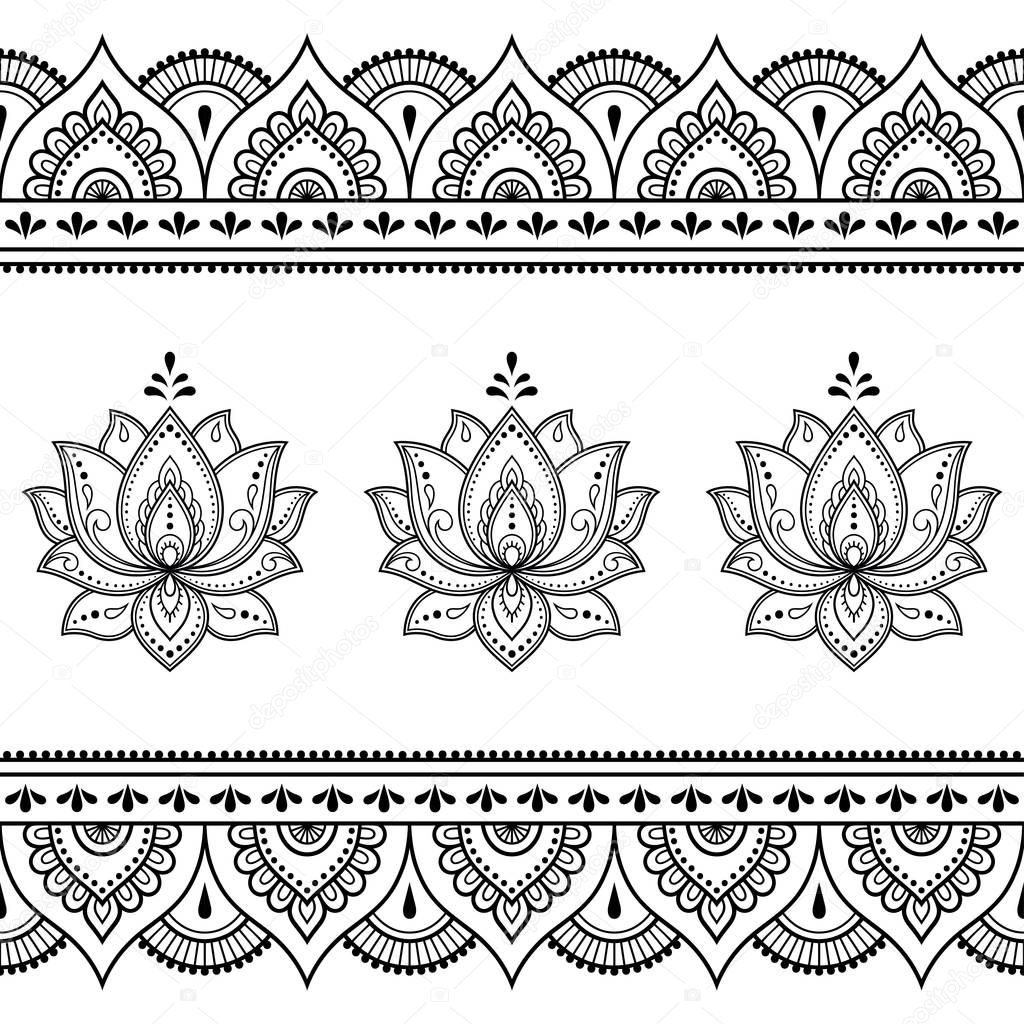 Set of Mehndi lotus flower pattern and seamless border for Henna drawing and tattoo. Decoration in oriental, Indian style.