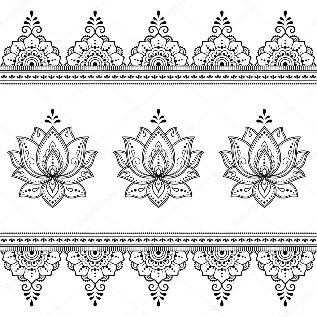 Set of Mehndi lotus flower pattern and seamless border for Henna drawing and tattoo. Decoration in oriental, Indian style.