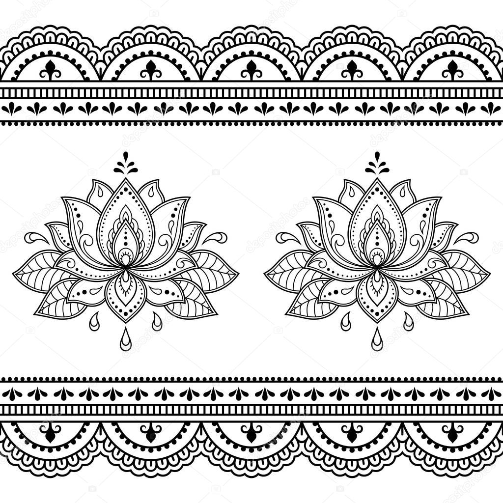 Set of Mehndi lotus flower pattern and seamless border for Henna drawing and tattoo. Decoration in oriental, Indian style.