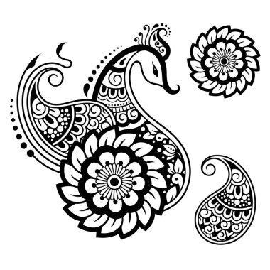 Mehndi çiçek desenini ayarlamak ve kına çizim ve dövme için peacock. Etnik oryantal, Hint tarzında.