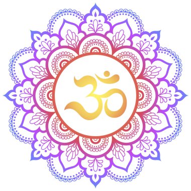 Henna, Mehndi için eski Hindu mantra OM ve nilüfer çiçeği desenli renkli dairesel desen, dekorasyon. Doğu tarzında dekoratif süsler. Beyaz arkaplanda gökkuşağı tasarımı.