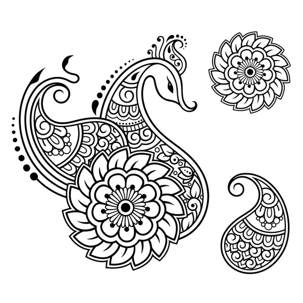 Conjunto Mehndi Patrón Flores Pavo Real Para Dibujo Tatuaje Henna — Vector de stock