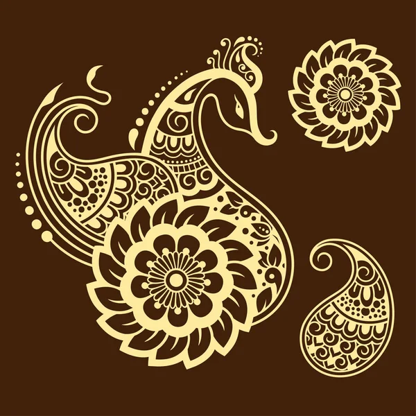 Set Mehndi Flower Pattern Peacock Henna Drawing Tattoo Decoration Ethnic — Stock Vector