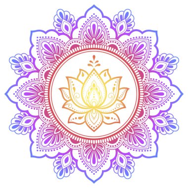 Mandala kına Mehndi, dövme, dekorasyon için lotus çiçeği ile şeklinde dairesel desende. Dekoratif süsleme etnik oryantal tarzı. Beyaz arka plan üzerinde gökkuşağı tasarım.