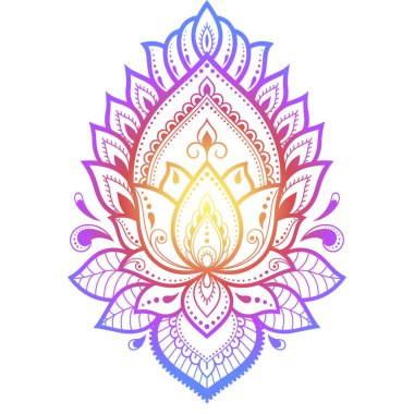 Mehndi ve Henna çizimleri için renkli çiçek desenleri. El çizimi nilüfer sembolü. Etnik doğuya özgü dekorasyon, Hint tarzı. Beyaz arkaplanda gökkuşağı tasarımı.