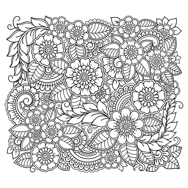 Outline Pattern Floreale Quadrato Stile Mehndi Colorare Pagina Del Libro — Vettoriale Stock