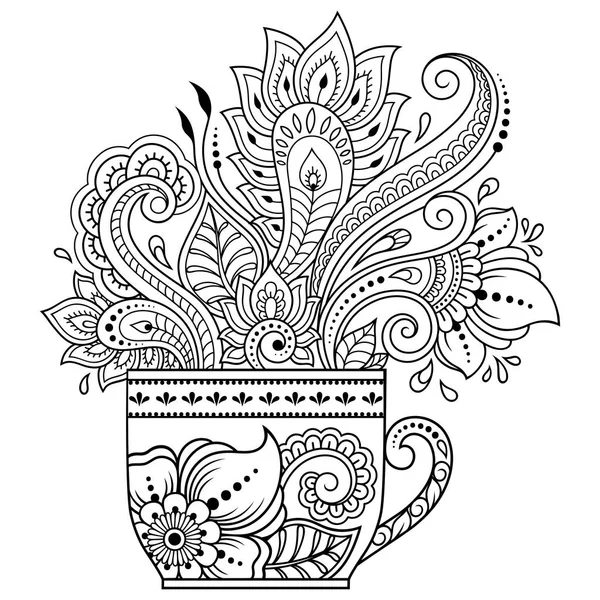 Kitap, defter, tabut ve dergi kapakları dekorasyon için kahve şeklinde kına dövme dekoratif desenli stilize. Doğu geleneğinde mehndi tarzda çiçek. Boyama kitabı sayfası.