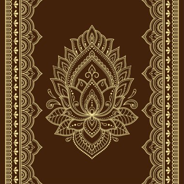 Lotus mehndi çiçek deseni ve kına çizim ve dövme için sorunsuz kenarlık kümesi. Oryantal, Hint tarzı dekorasyonda. Doodle süsleme. Anahat el çizmek vektör çizim.