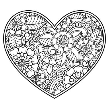 Kına çizimi ve dövme için kalp şeklinde Mehndi çiçek deseni. Etnik doğuya özgü dekorasyon, Hint tarzı. Sevgililer Günü selamları. Boyama kitabı sayfası.