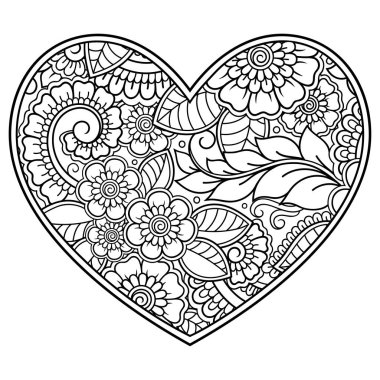 Kına çizimi ve dövme için kalp şeklinde Mehndi çiçek deseni. Etnik doğuya özgü dekorasyon, Hint tarzı. Sevgililer Günü selamları. Boyama kitabı sayfası.