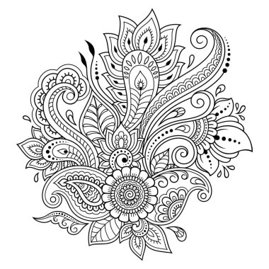Mehndi kına çizim ve dövme için dekoratif çiçek deseni. Etnik oryantal, Hint tarzı dekorasyonda. Doodle süs siyah ve beyaz. Anahat el çizmek vektör çizim.