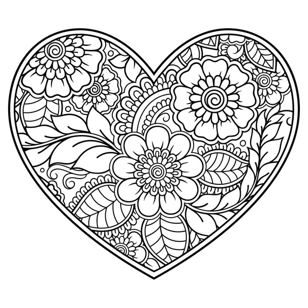 Цветочный Узор Мехнди Форме Сердца Рисунка Татуировки Хенны Украшение Этническом — стоковый вектор