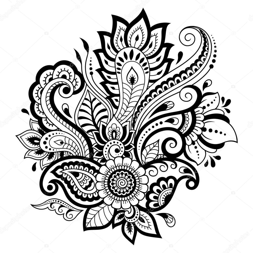 Mehndi decorative flower pattern for Henna drawing and tattoo. Decoration in ethnic oriental, Indian style. Doodle ornament in black and white. Outline hand draw vector illustration.