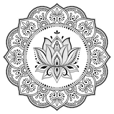 Mandala kına Mehndi, dövme, dekorasyon için Lotus çiçeği ile şeklinde dairesel desende. Etnik oryantal tarzda Dekoratif süsleme.