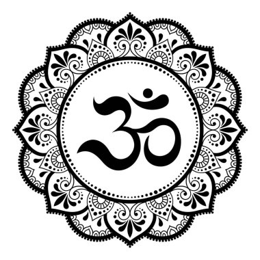 Kına Mehndi, dövme, dekorasyon için mandala şeklinde dairesel desende. Antik Hindu mantra OM ile oryantal tarzda Dekoratif süsleme Boyama kitabı sayfası.