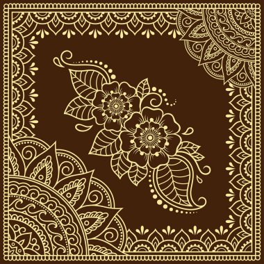 Kapakları kitap, defter, tabut, kartpostal ve klasör dekorasyon için kına dövme dekoratif desenli stilize. Mandala, çiçek ve sınır mehndi tarzı. Doğu geleneği çerçevesinde.
