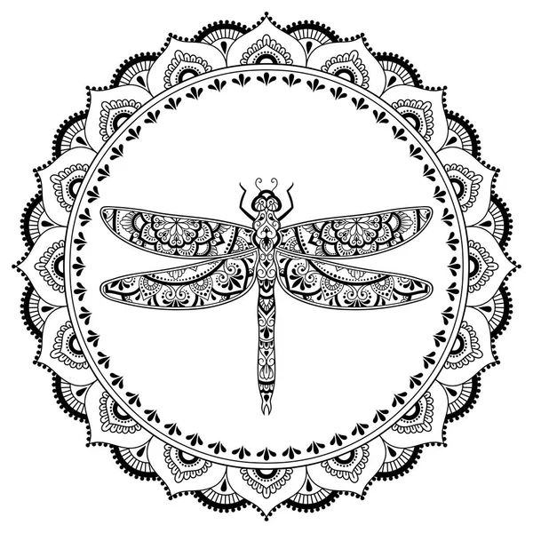 Patrón Circular Forma Mandala Con Libélula Para Henna Mehndi Tatuaje — Vector de stock