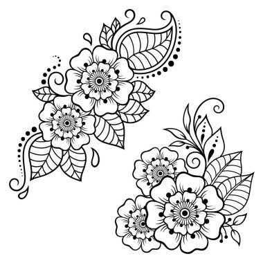 Mehndi çiçek deseni kına çizim ve dövme için kümesi. Etnik oryantal, Hint tarzında.