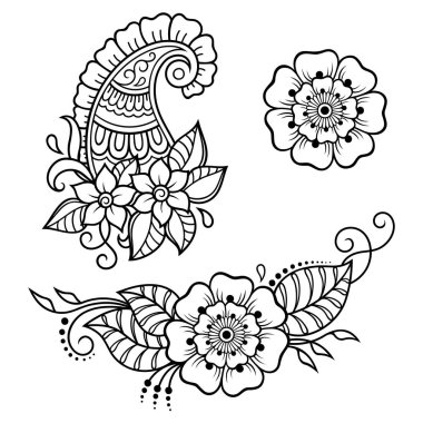 Mehndi çiçek deseni kına çizim ve dövme için kümesi. Etnik oryantal, Hint tarzında.