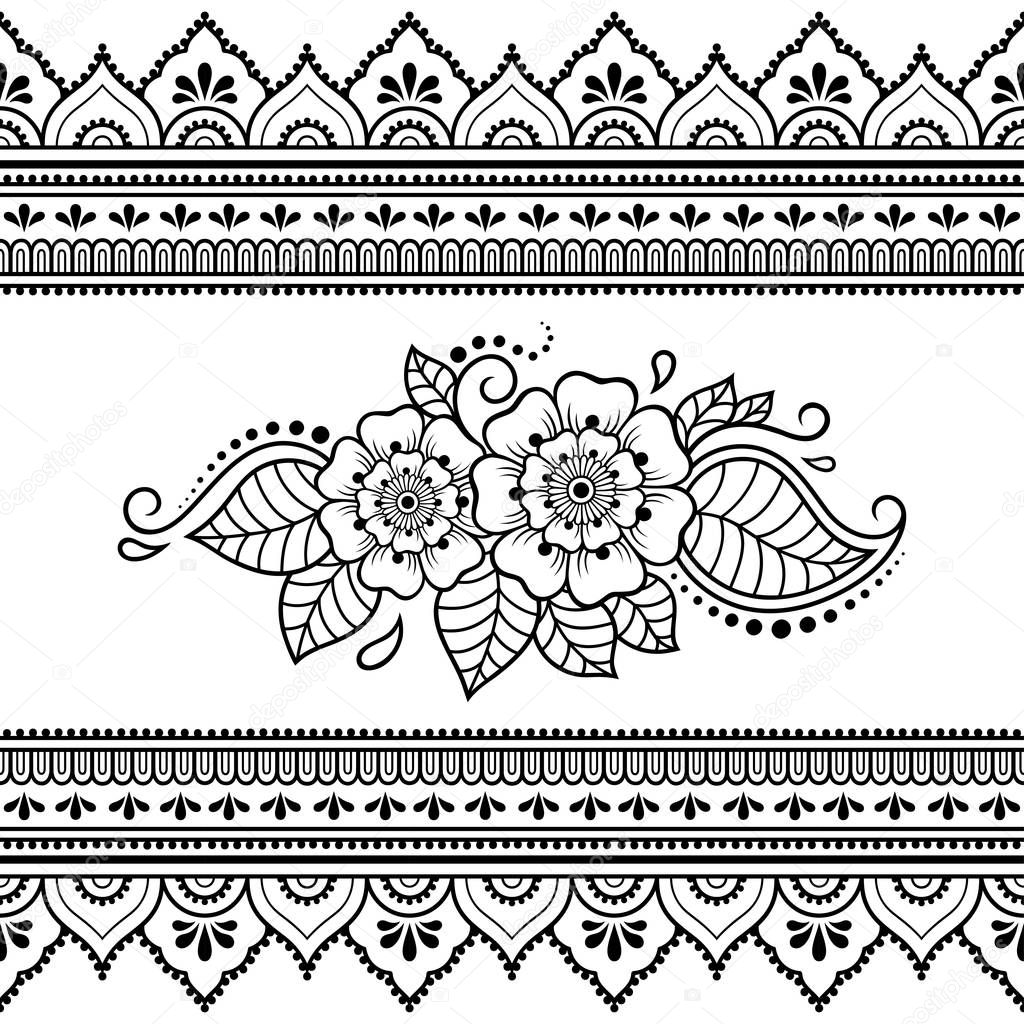 Set of Mehndi flower pattern and seamless border for Henna drawing and tattoo. Decoration in oriental, Indian style.