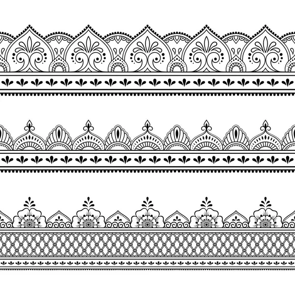 デザイン ヘナの図面 Mehndi と入れ墨のためのシームレスなボーダーオーナメントのセット エスニックオリエンタル インディアンスタイルの装飾パターン — ストックベクタ