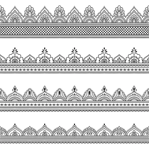 Набор Бесшовных Пограничных Орнаментов Дизайна Рисунок Хенны Мехнди Татуировка Декоративный — стоковый вектор