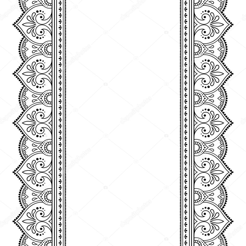 Set of seamless border ornament for design, Henna drawing, Mehndi and tattoo. Decorative pattern in ethnic oriental, Indian style.