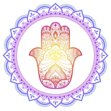 Dekor için antik el çizilmiş sembolü hamsa Mandala şeklinde renk dairesel desen. Oryantal tarzda Dekoratif süsleme. Beyaz arka planda gökkuşağı tasarımı. 