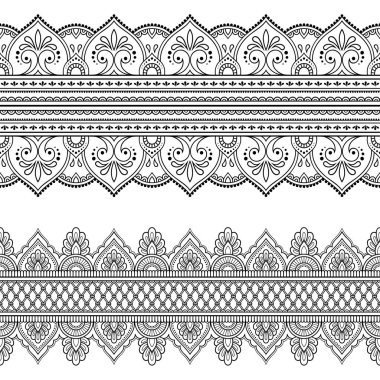 Tasarım, Henna çizim, Mehndi ve dövme için dikişsiz kenarlık süsleme ayarlayın. Etnik oryantal, Hint tarzında dekoratif desen.