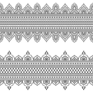 Tasarım, Henna çizim, Mehndi ve dövme için dikişsiz kenarlık süsleme ayarlayın. Etnik oryantal, Hint tarzında dekoratif desen.