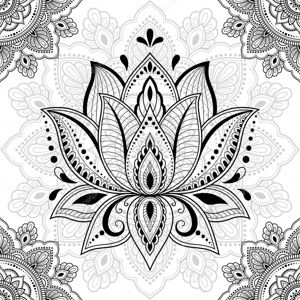 Seamless decorative ornament in ethnic oriental style. Circular pattern in form of mandala and Lotus flower for Henna, Mehndi, tattoo, decoration.