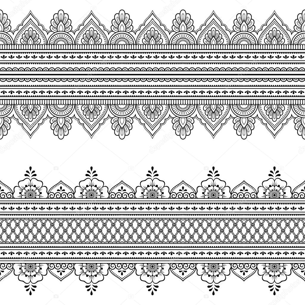 Set of seamless border ornament for design, Henna drawing, Mehndi and tattoo. Decorative pattern in ethnic oriental, Indian style.