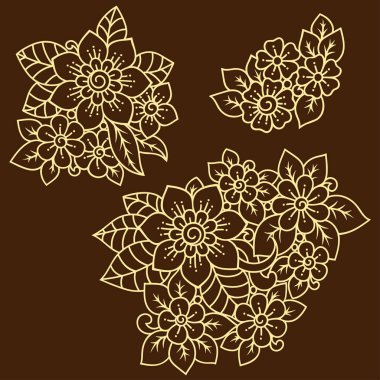 Kına çizimi ve dövme için Mehndi çiçek desenli bir set. Etnik doğuya özgü dekorasyon, Hint tarzı. Karalama süsü. El çizimi vektör illüstrasyonu.