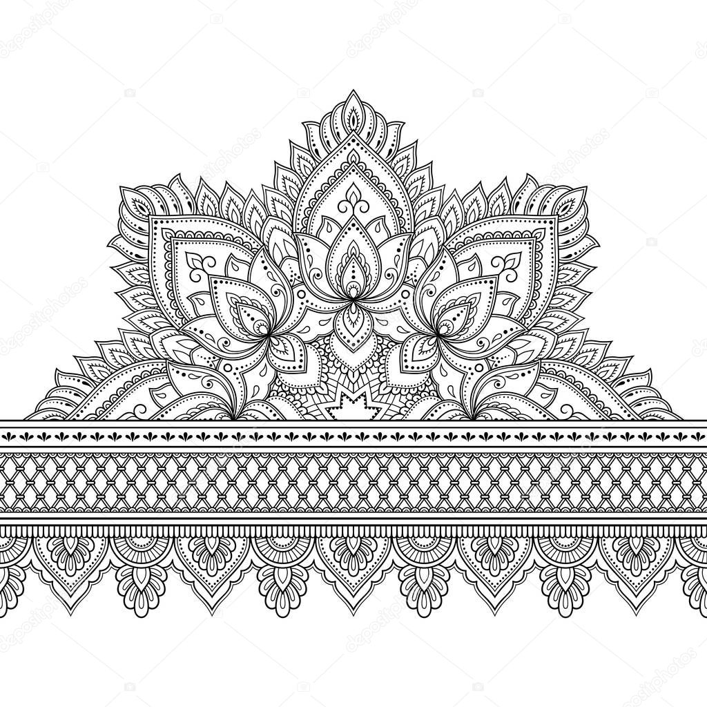 Seamless borders with mandala and flower for design, application of henna, Mehndi and tattoo. Decorative pattern in ethnic oriental style. Doodle ornament. Outline hand draw vector illustration.