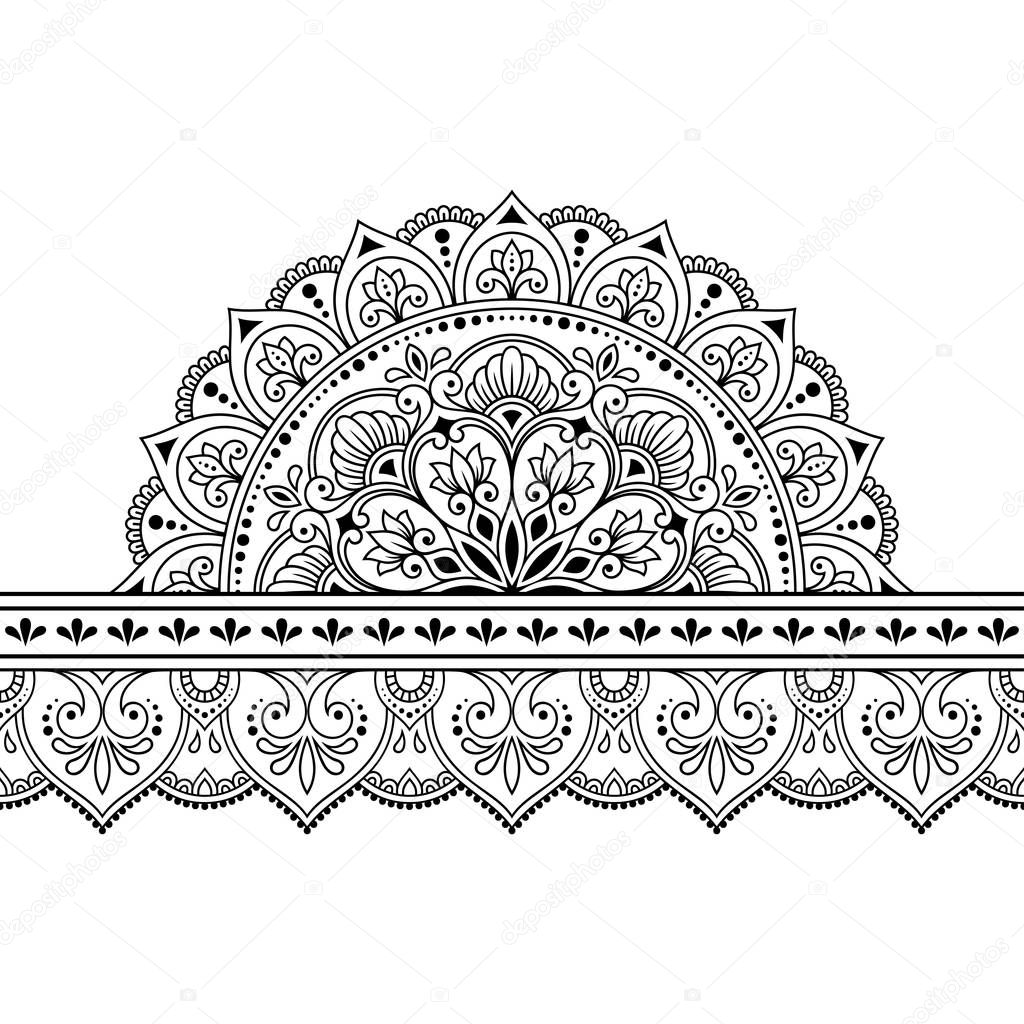 Seamless borders with mandala and flower for design, application of henna, Mehndi and tattoo. Decorative pattern in ethnic oriental style. Doodle ornament. Outline hand draw vector illustration.