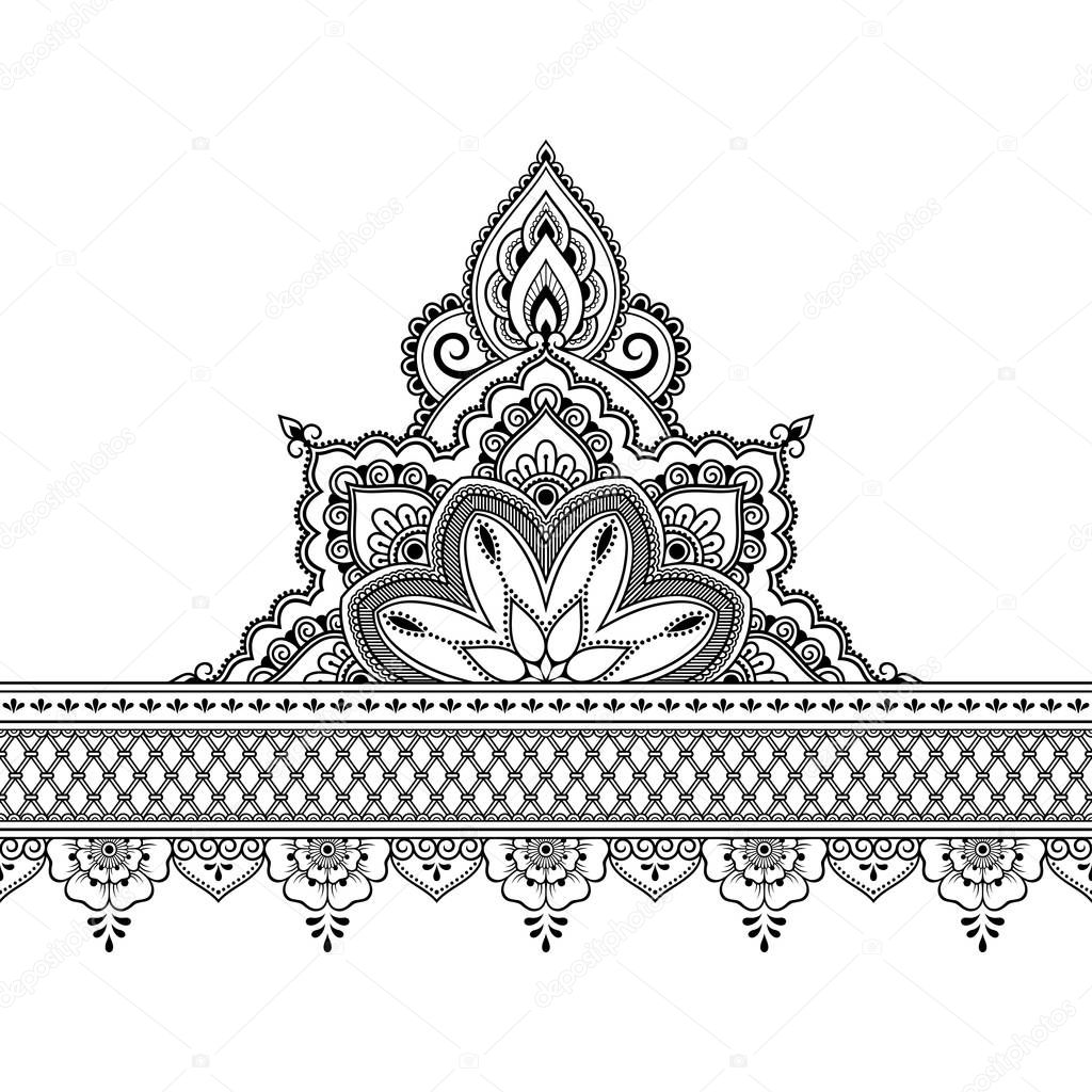Seamless borders with mandala and flower for design, application of henna, Mehndi and tattoo. Decorative pattern in ethnic oriental style. Doodle ornament. Outline hand draw vector illustration.