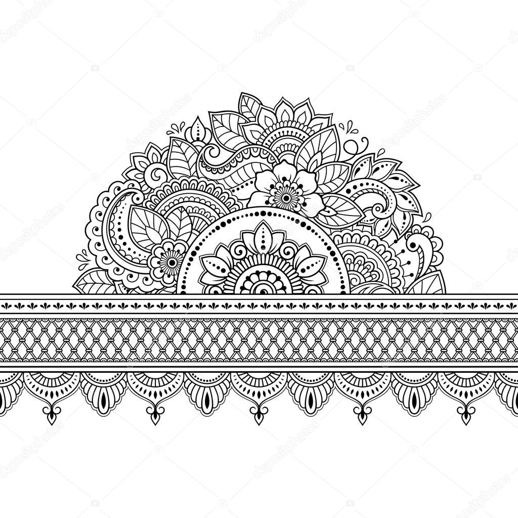 Seamless borders with mandala and flower for design, application of henna, Mehndi and tattoo. Decorative pattern in ethnic oriental style. Doodle ornament. Outline hand draw vector illustration.