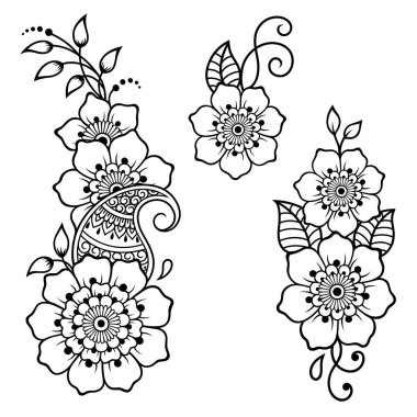 Kına çizimi ve dövme için Mehndi çiçek desenli bir set. Etnik doğuya özgü dekorasyon, Hint tarzı. Karalama süsü. El çizimi vektör illüstrasyonu.