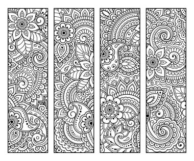 Kitap boyama için yer imi. Çiçek desenli siyah beyaz etiketler, mehndi tarzında el çizimi. Çocukların ve yetişkinlerin renkli kalemlerle yaratıcılığını gösteren süslemelerin çizimi.