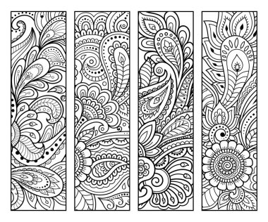 Kitap boyama için yer imi. Çiçek desenli siyah beyaz etiketler, mehndi tarzında el çizimi. Çocukların ve yetişkinlerin renkli kalemlerle yaratıcılığını gösteren süslemelerin çizimi.