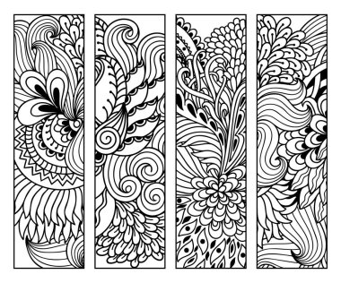 Kitap boyama için yer imi. Çiçek desenli siyah beyaz etiketler, mehndi tarzında el çizimi. Çocukların ve yetişkinlerin renkli kalemlerle yaratıcılığını gösteren süslemelerin çizimi.
