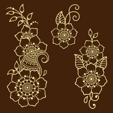 Kına çizimi ve dövme için Mehndi çiçek desenli bir set. Etnik doğuya özgü dekorasyon, Hint tarzı. Karalama süsü. El çizimi vektör illüstrasyonu.