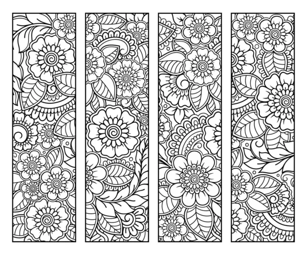 Kitap boyama için yer imi. Çiçek desenli siyah beyaz etiketler, mehndi tarzında el çizimi. Çocukların ve yetişkinlerin renkli kalemlerle yaratıcılığını gösteren süslemelerin çizimi.