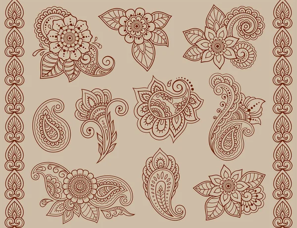 Conjunto Patrón Flores Mehndi Borde Sin Costuras Para Dibujo Tatuaje — Vector de stock