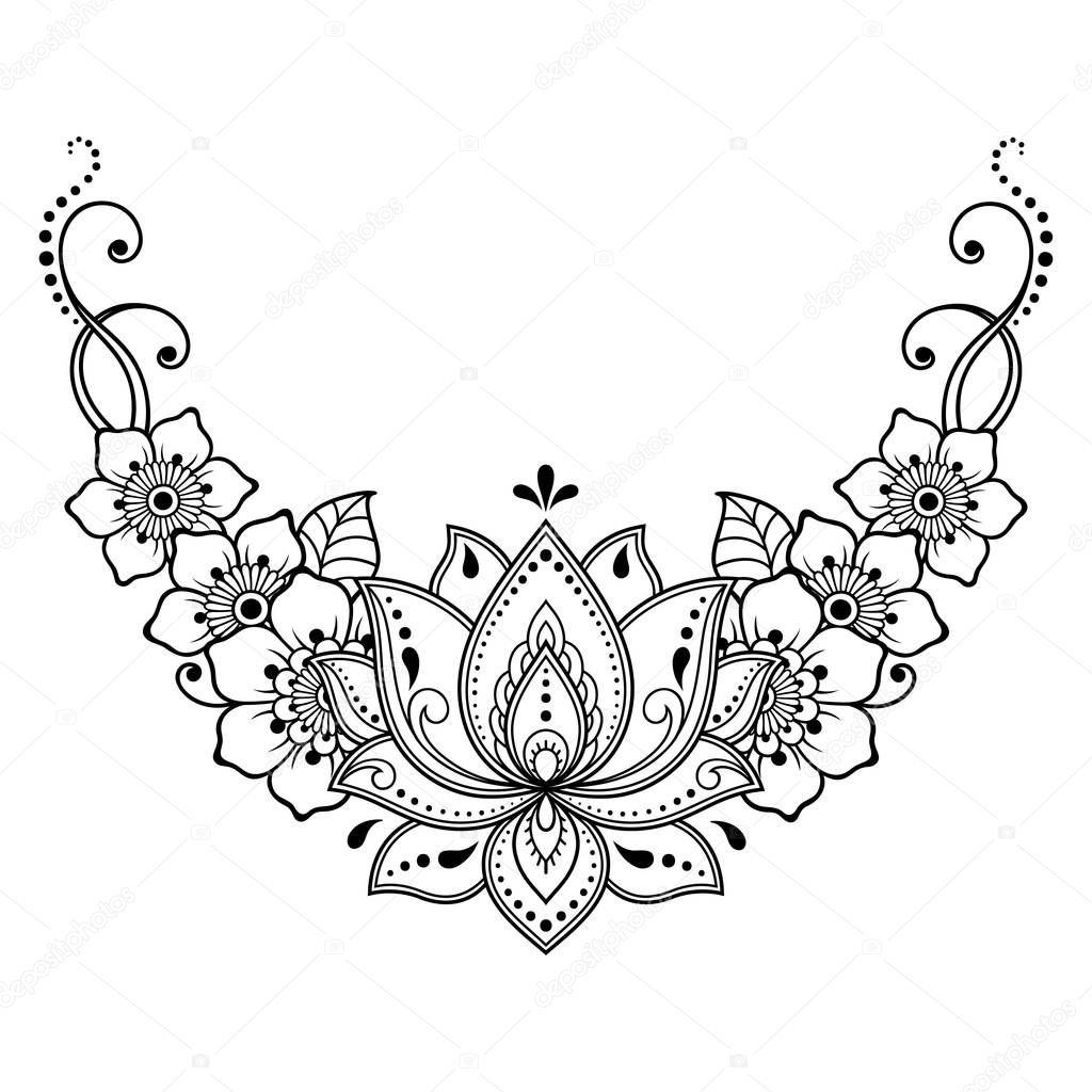 Mehndi Lotus flower pattern for Henna drawing and tattoo. Decoration in ethnic oriental, Indian style. Doodle ornament. Outline hand draw vector illustration.
