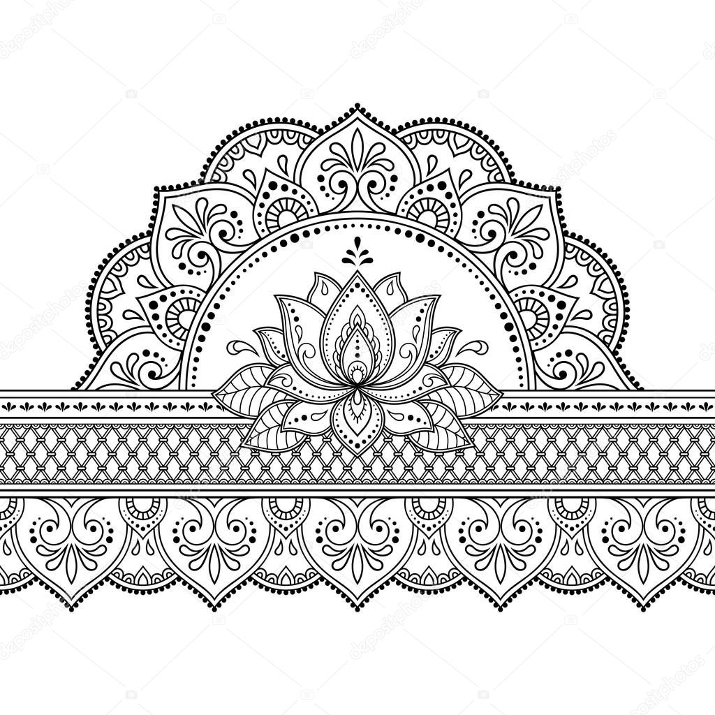 Seamless borders with mandala and Lotus flower for design, application of henna, Mehndi and tattoo. Decorative pattern in ethnic oriental style. Doodle ornament. Outline hand draw vector illustration.