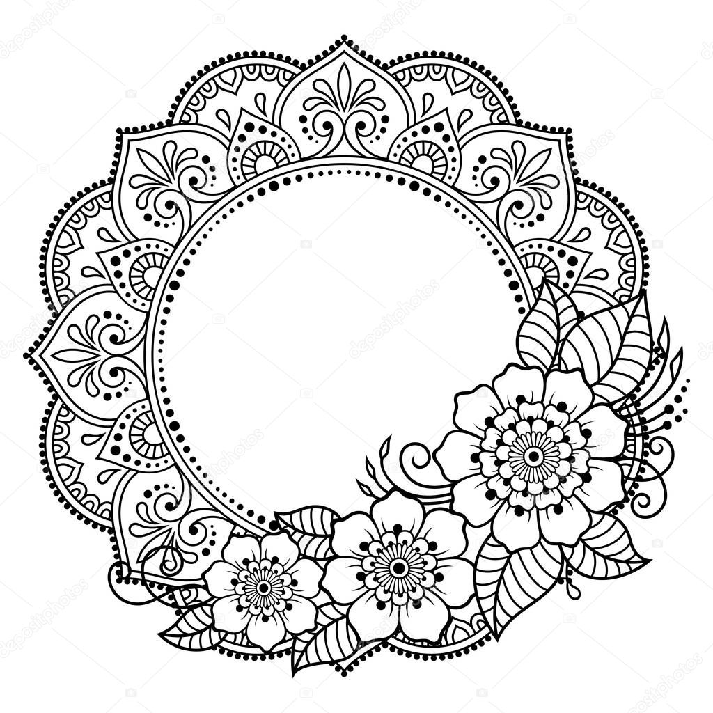 Frame with flower in eastern tradition. Stylized with henna tattoos decorative pattern for decorating covers for book, notebook, casket, magazine, postcard and folder. Mandala in mehndi style.