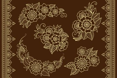 Mehndi çiçek desen ve kına çizim ve dövme için dikişsiz sınır seti. Etnik oryantal, Hint tarzı dekorasyon. Doodle süsü. Anahat el çizimvektör illüstrasyon.