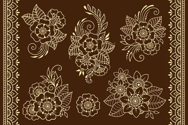 Készlet Mehndi Virágmintás Varrat Nélküli Határon Henna Rajz Tetoválás Dekoráció — Stock Vector