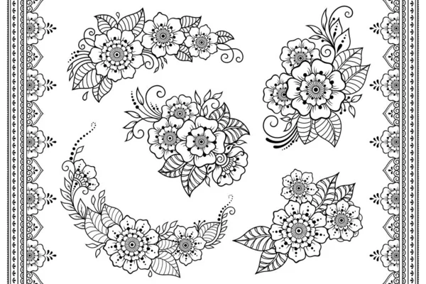 Комплект Квітки Mehndi Безшовних Бордюр Малювання Хною Татуюванням Прикраса Етнічному — стоковий вектор